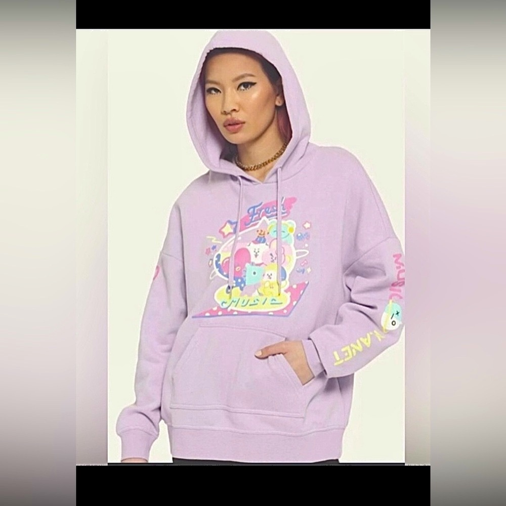 BT21 Music Planet Characters Hoodie Oversized Cotton in Lavender Size Juniors L